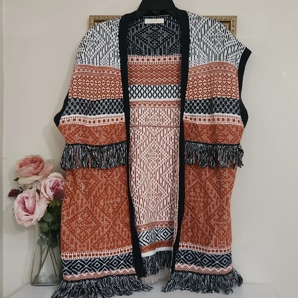 Boho Fringe Cardigan Poncho Vibes Cozy Fall Winter Lagenlook Fringe Large - Picture 11 of 11